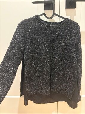 Club Monaco Black Flecked Crewneck Sweater with Sheer Hem Panel